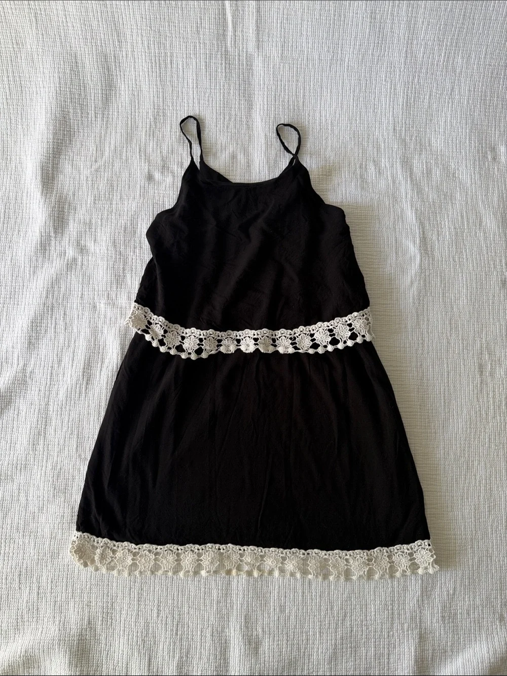 Aqua Black Girls Spaghetti Strap Dress with White Crochet Trim